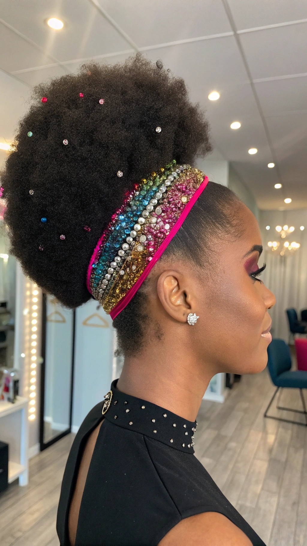 090 Glitter Afro Glam with Rhinestone Parting for Iconic Statement Hair