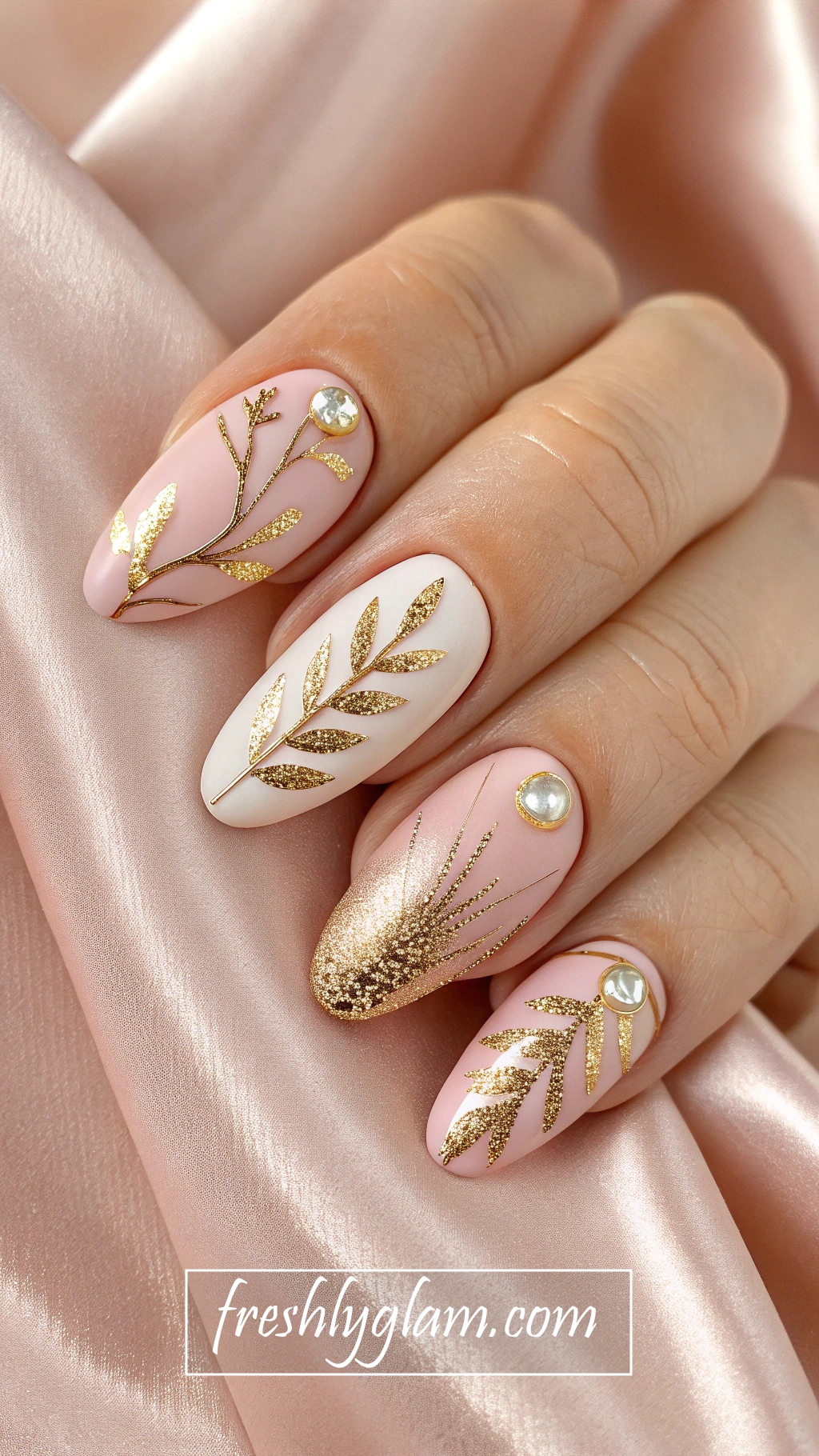 090 Nude Blush Nails with Gold Leaf and Pearls for a Classy Fashionista GlowAC0 Up
