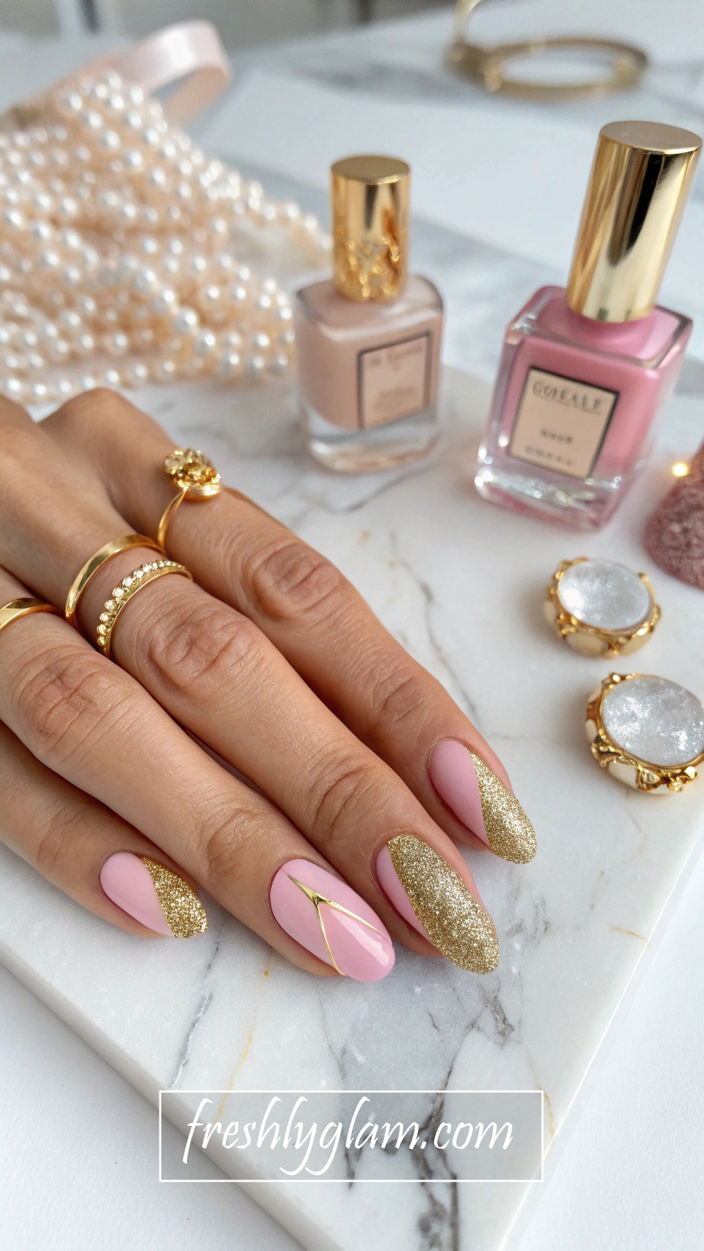 091 Pink and Gold DIY Glam Manicure That Adds Luxe Elegance to Your Everyday Style