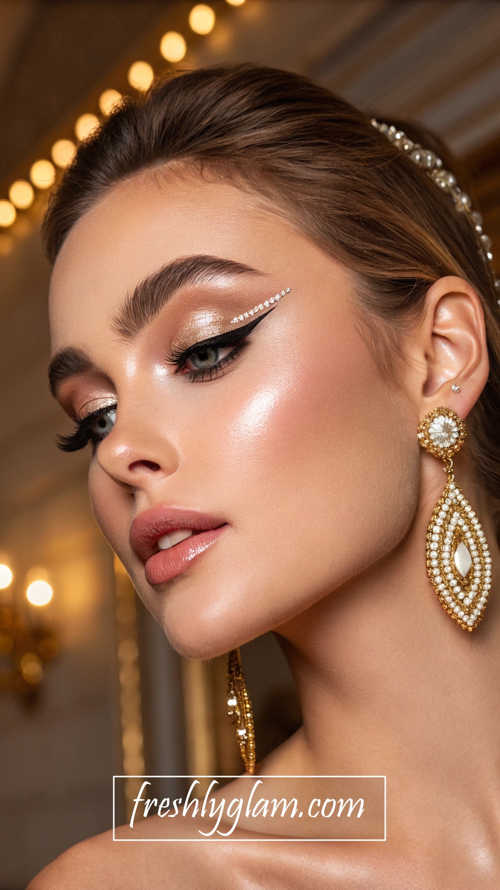 091 Rhinestone Eyeliner Champagne Glow A Luxe Glam Makeup Look for True Fashionistas 1