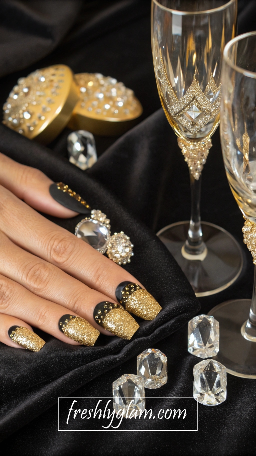 092 DIY Gold and Black Glam Manicure with Rhinestones for a Luxe Diva Look