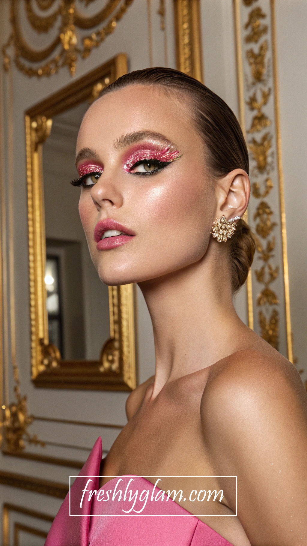 092 Pink and Gold Rhinestone Eyeshadow Glam for a Chic Parisian Beauty Vibe 1