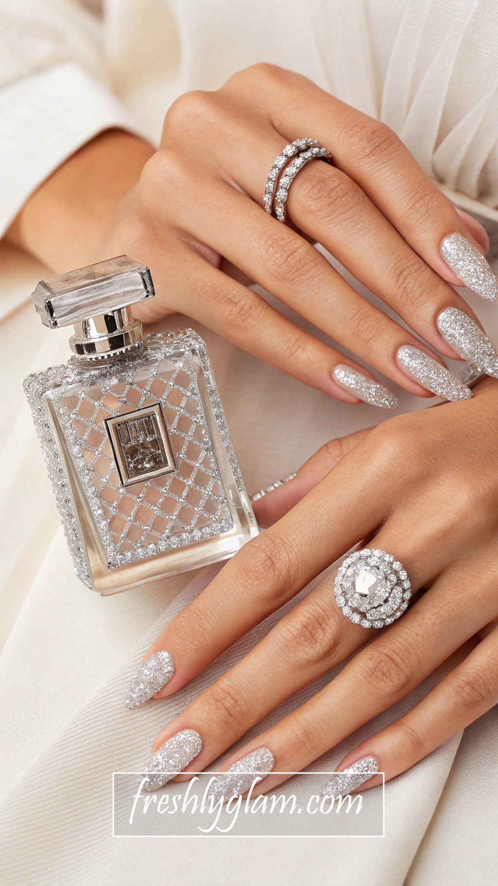 093 CoutureAC0 Inspired Silver Glitter DIY Nails That Sparkle with Designer Style
