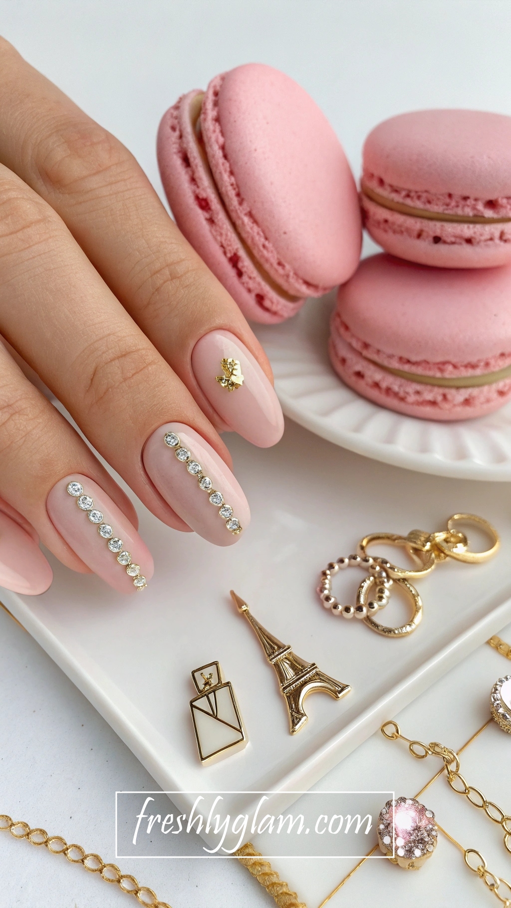 094 Elegant Nude and Rhinestone DIY Manicure for a Parisian Glam Vibe
