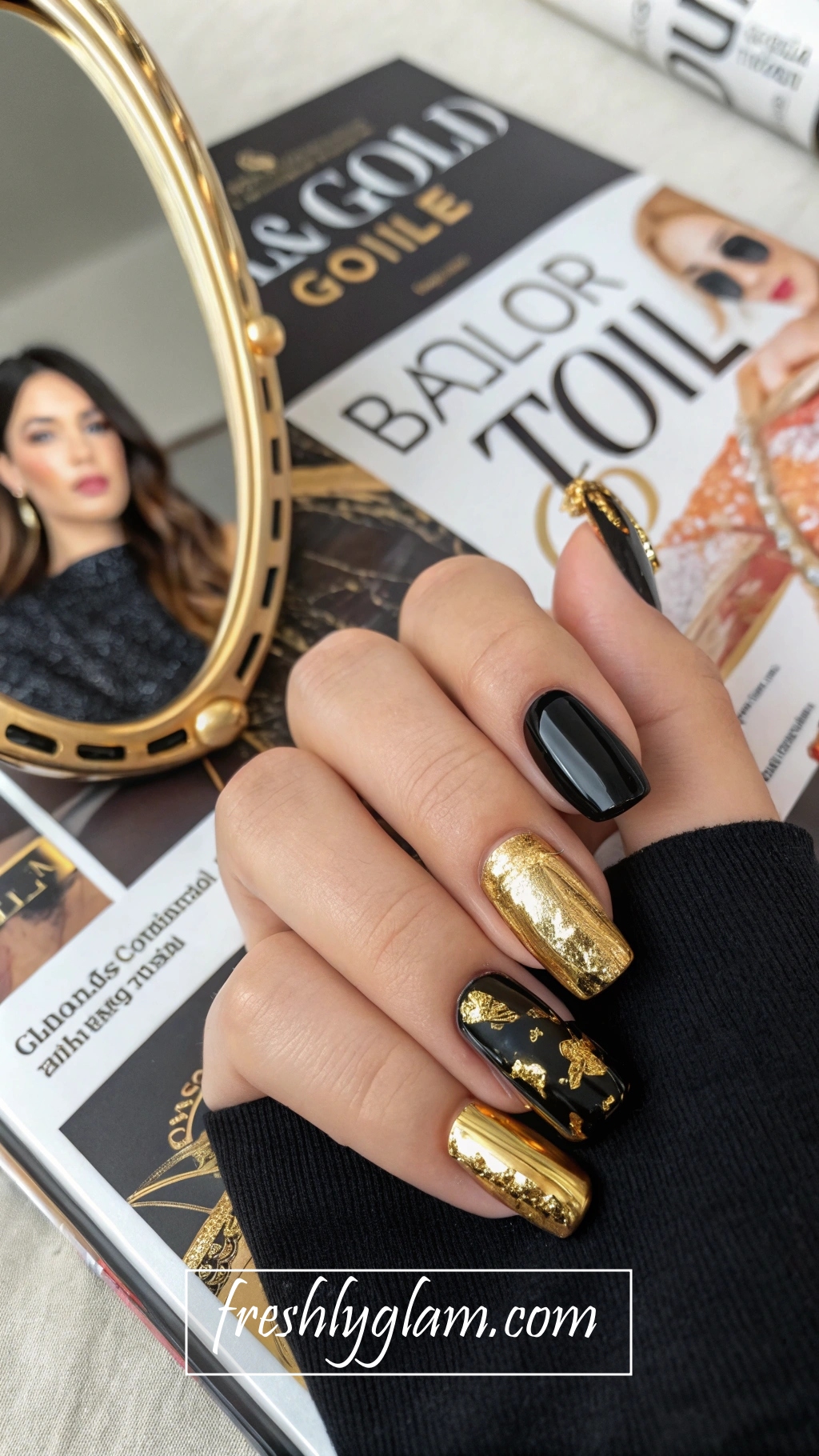 096 Classy Black and Gold Foil DIY Manicure for High Fashion Glam
