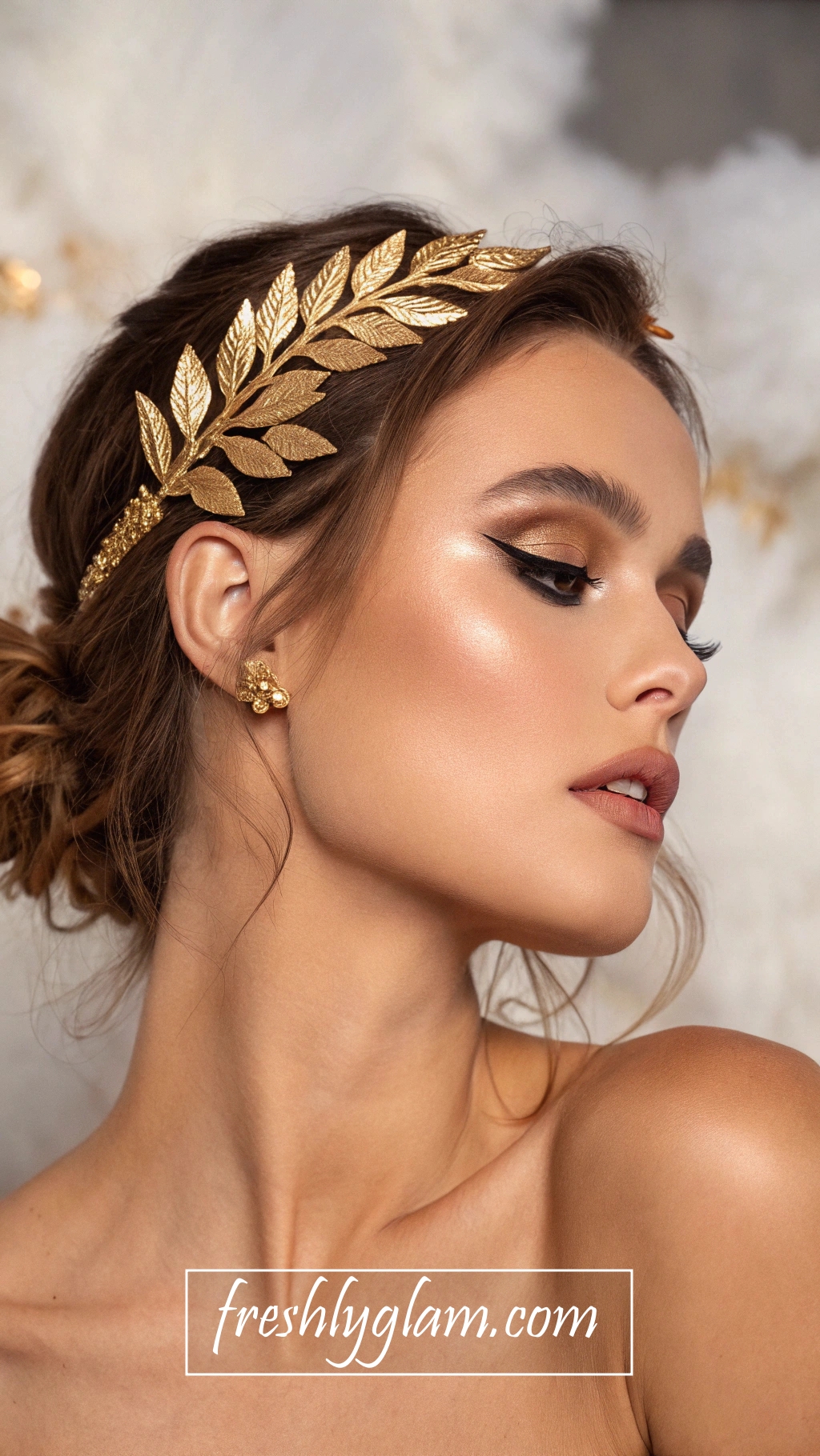 097 Gold Rhinestone Winged Eyeliner and Bronzed Glow for a Runway Worthy Makeup Look 1