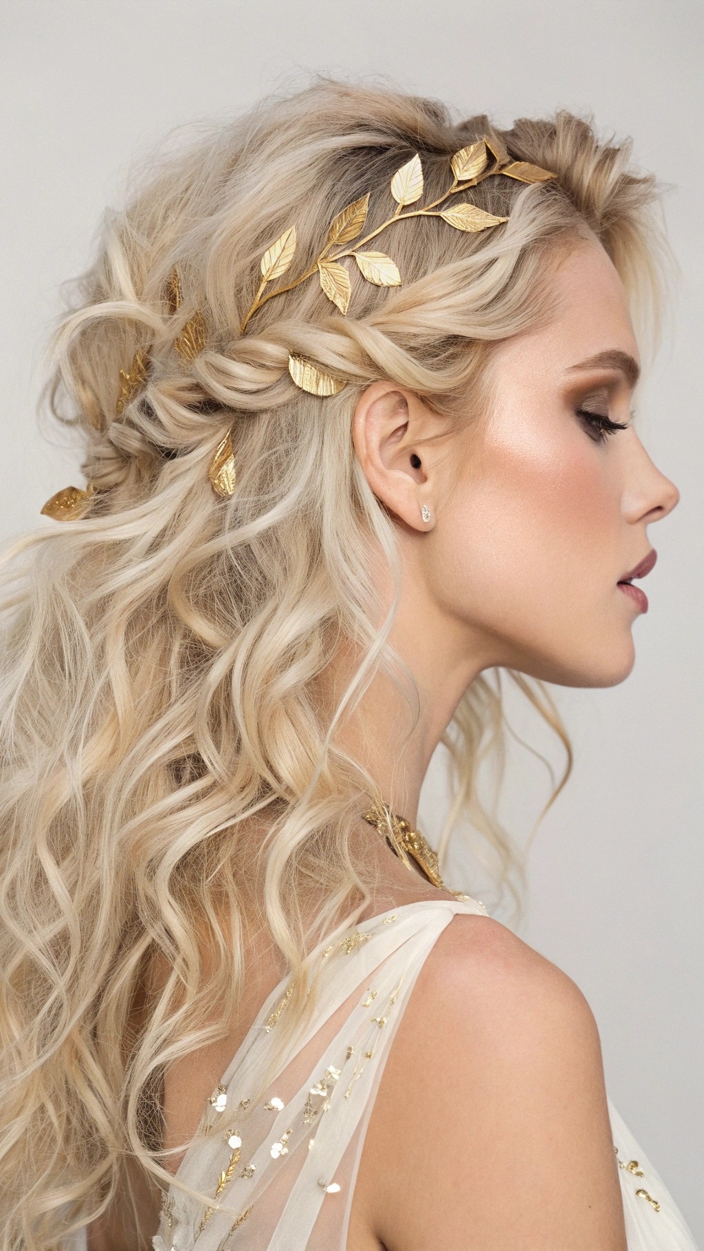 099 Ethereal Gold Leaf Waves Luxe Hairstyle for Glamorous Fashionistas