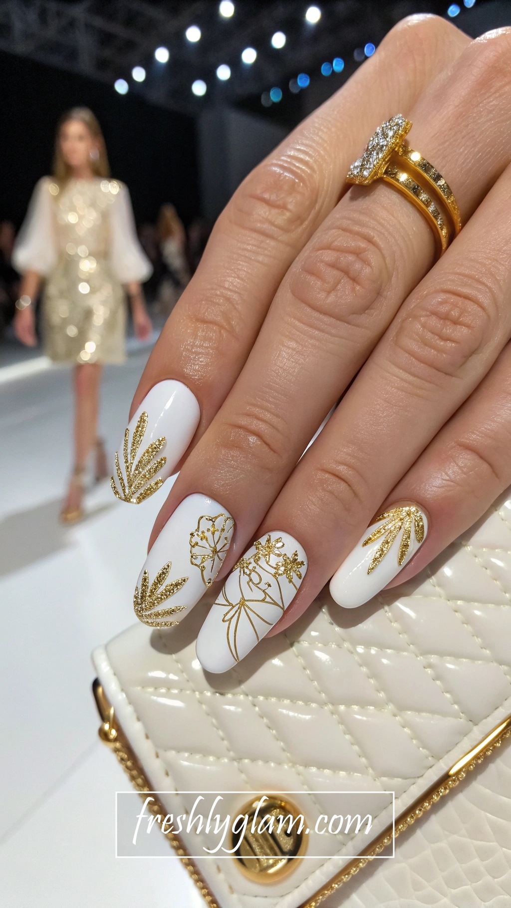 099 White and Gold DIY Nails Inspired by Iconic Runway Glamour
